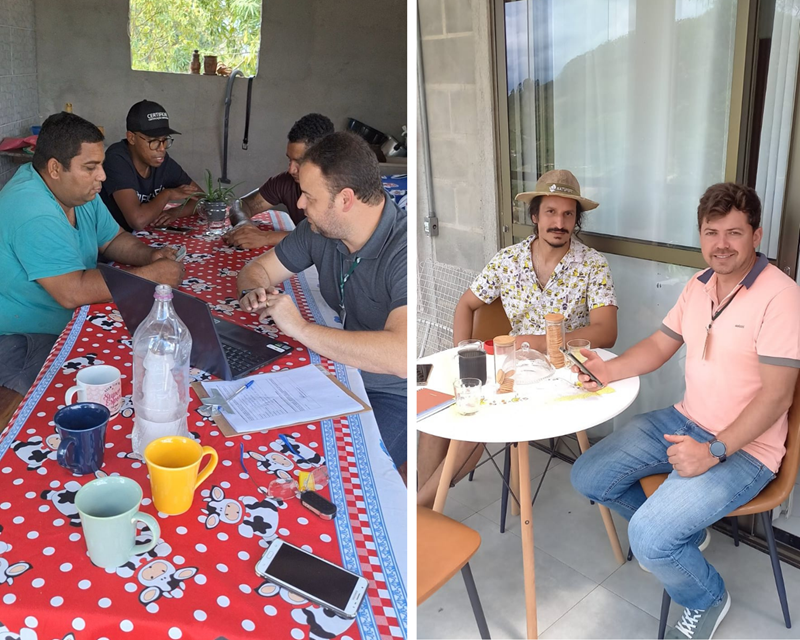Extensionistas durante aplicação de questionário com agricultores em Linhares e Ibatiba, respectivamente.